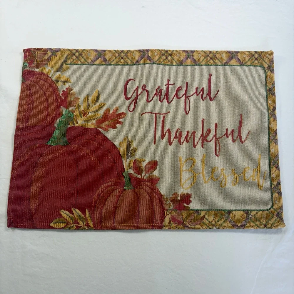 Grateful Thankful Blessed Pumpkin Tapestry Placemats Set of 4 Fall Harvest Decor